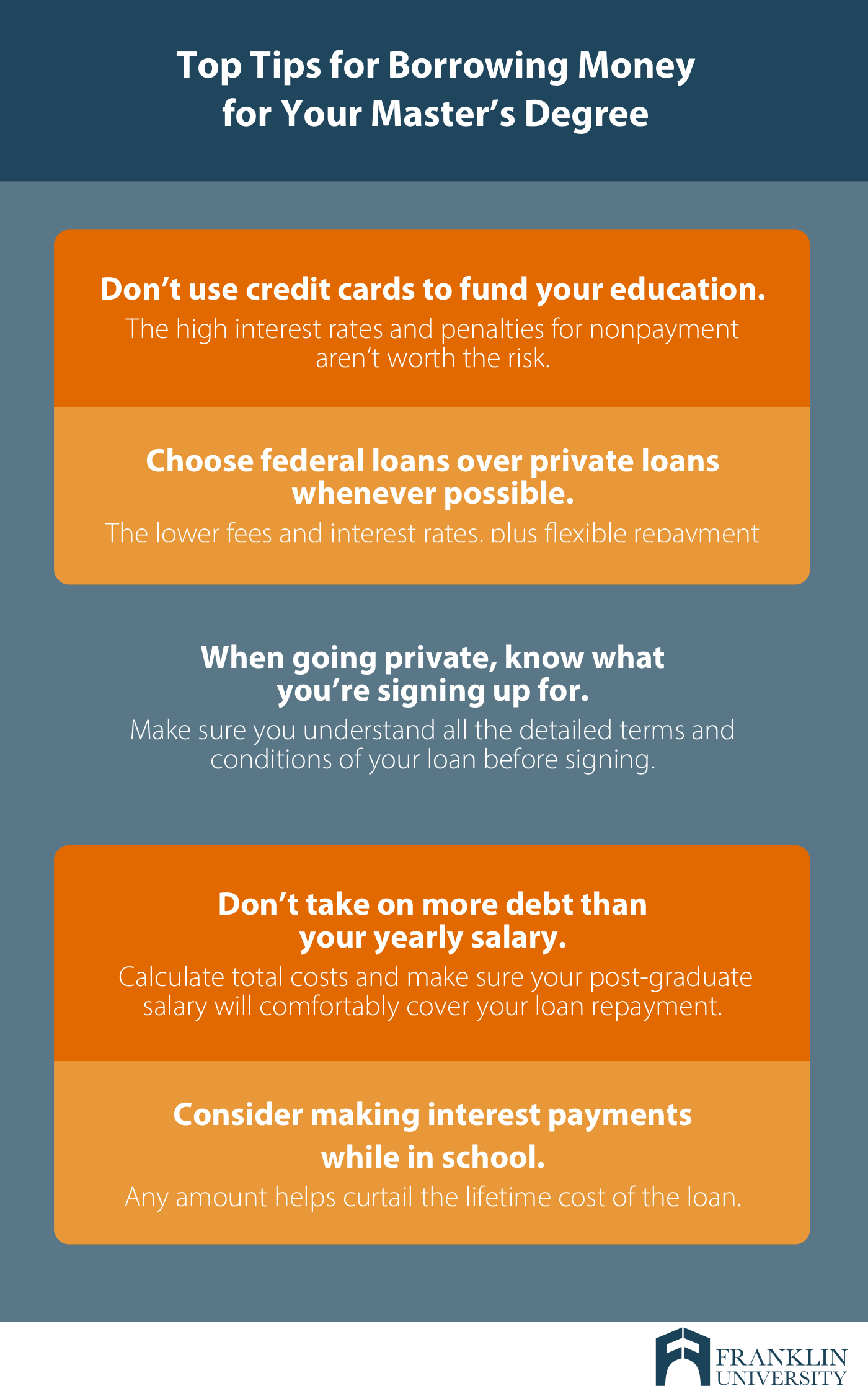 graphic describing the top tips for borrowing money for your masters degree